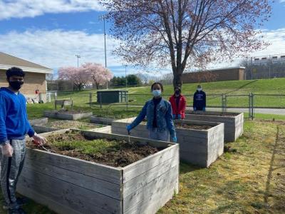 teens standing next to garden beds with gardening equipment
