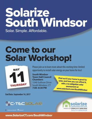 come to solar workshop at town hall form 7 to 8:30 pm september 14, 2017