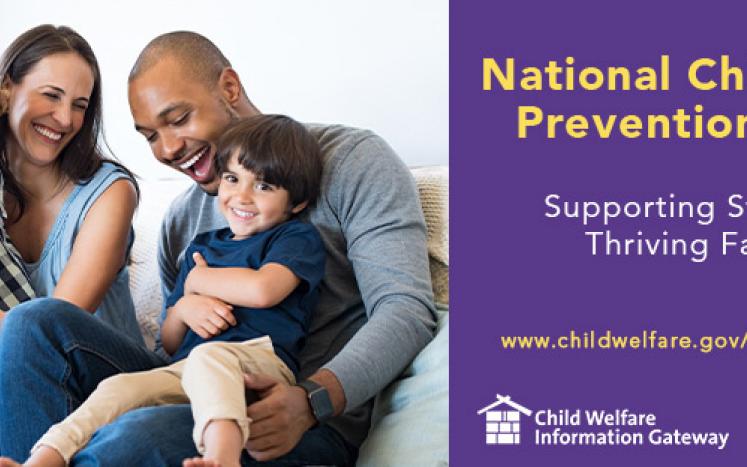 Picture of mixed race family on left with purple block on right announcing Child abuse prevention month is April